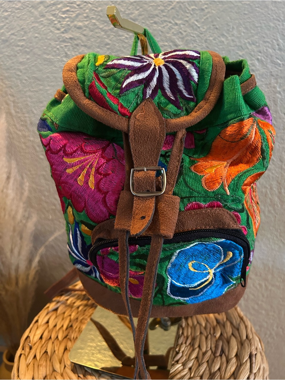 Mexican Embroidered Backpack Floral Green Suede Boho Artisanal Handmade Festival